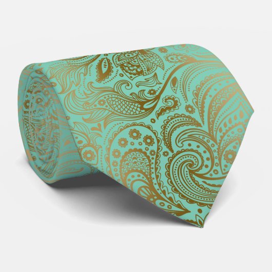 Elegant Paisley Pattern Mint-groen & Goud Stropdas (Opgerold)