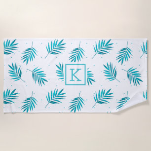 Elegant palmbladeren patroon blauw-groen en wit strandlaken
