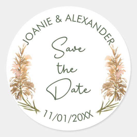Elegant Pampas Grass Bruiloft Save the Date Ronde Sticker (Voorkant)