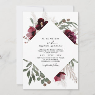 Elegant Pampas Grass Burgundy Rozen Wedding Invita Kaart