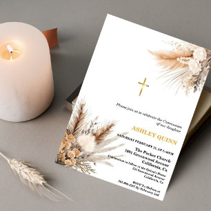 Elegant Pampas Grass Cross Eerste Communie Kaart