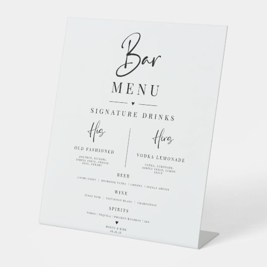 Élégant Panneau de Menu de Bar de Mariage Minimali (Recto)