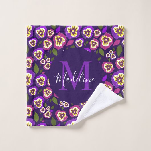 Élégant Pansies Florales Motif violet Monogramme (Gant de toilette)