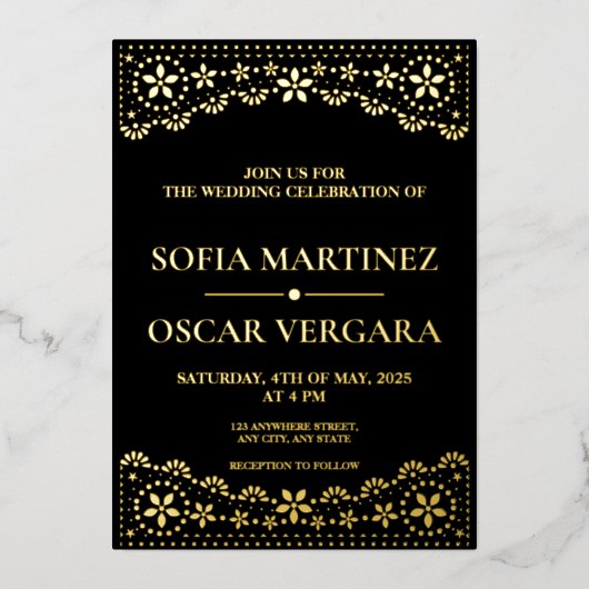 Elegant Papel Picado Black en Gold Folie Uitnodiging (Voorkant)