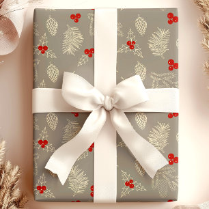 Élégant Papier Cadeau de Fêtes aux Cônes de Pin et