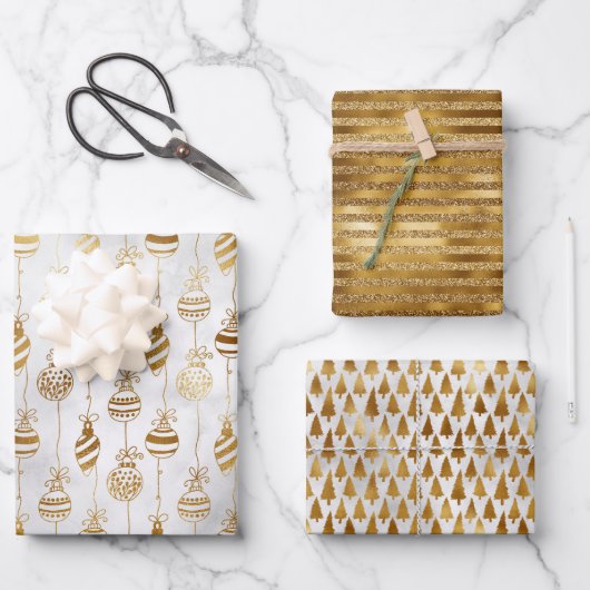 Élégant papier d'enveloppement de Noël d'or brilla (Recto)