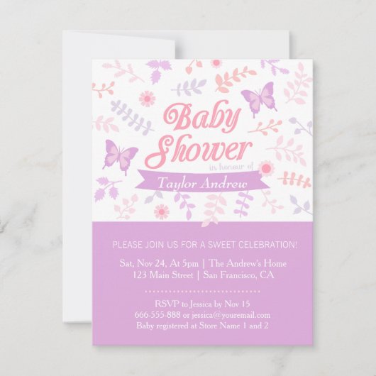 Elégant papillon floral Baby Shower Invitations (Devant)