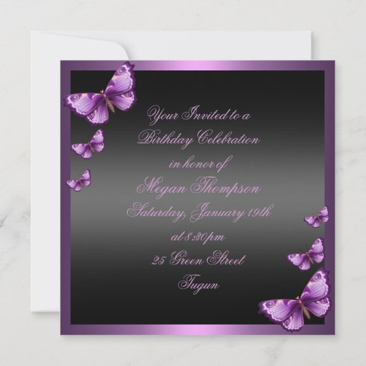 Élégant papillon rose doux16 Invitation d'annivers (Dos)