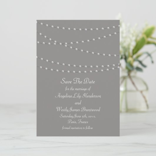 Elegant parels op grijs sparen de datum save the date (Staand voorkant)