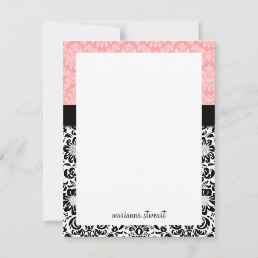 Elegant Paris Baby Pink Black Damask gepersonalise Notitiekaartje (Achterkant)