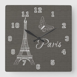 Elegant Paris Eiffel Tower Dark Gray Butterfly Vierkante Klok