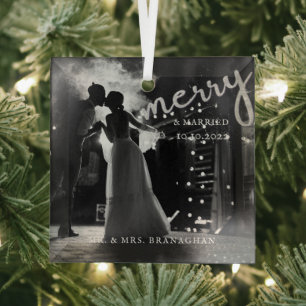 Elegant Pas getrouwd Foto Merry and Married Glas Ornament