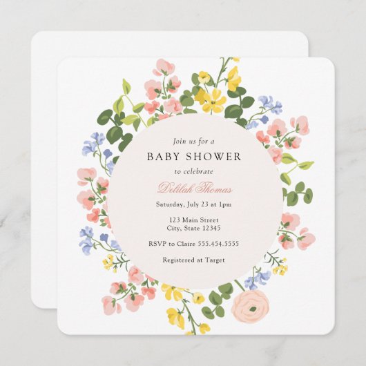Elegant pastel Bloemen Baby shower Uitnodiging (Voorkant / Achterkant)