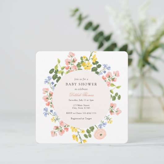 Elegant pastel Bloemen Baby shower Uitnodiging (Staand voorkant)