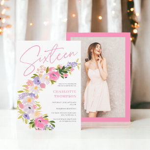 Elegant pastel bloemenfotoscript Sweet 16 Kaart