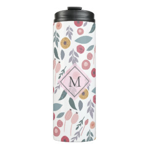Elegant Pastel Bloemmotief Monogram Thermosbeker