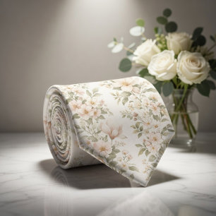 Elegant Pastel Bloemmotief op Zachte Wit Stropdas