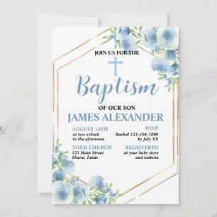 Elégant Pastel Blue Floral Baptism Invitation