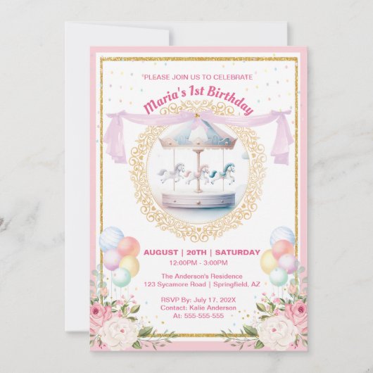 Elégant Pastel Carousel Première Invitation d'anni (Devant)