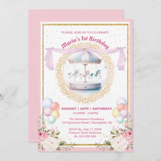 Elégant Pastel Carousel Première Invitation d'anni (Devant / Derrière)