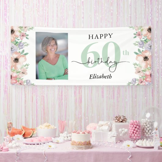 Elegant Pastel Floral 60th Birthday Party Photo Spandoek (Feest)