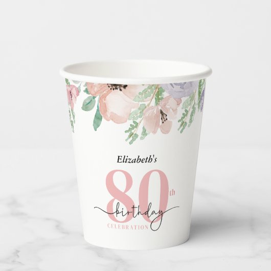 Elegant Pastel Floral 80th Birthday Party Papieren Bekers (Achterkant)