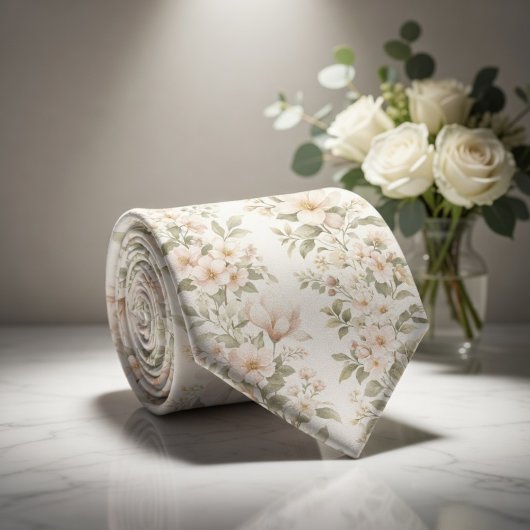 Elegant Pastel Floral  Pattern on Soft White Stropdas