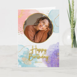 Elegant Pastel Gold Script Circle Photo Birthday Kaart