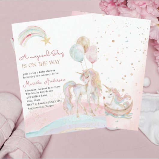 Elégant Pastel Gold Unicorn Aquarelle Invitation