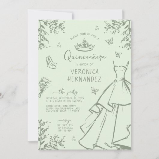 Elégant Pastel Green Sage Quinceanera Invitation (Devant)