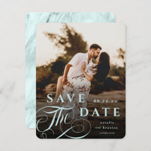 Elegant Pastel Mint Typografie & Marble Back Foto Save The Date
