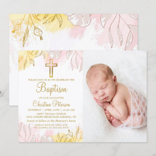 Elegant Pastel Pink Gold Floral Girl Baptisme Foto Kaart