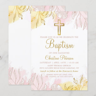 Elegant Pastel Pink Gold Floral Girl Baptisme Kaart