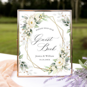Élégant Pastel White Roses Signet Livre d'or