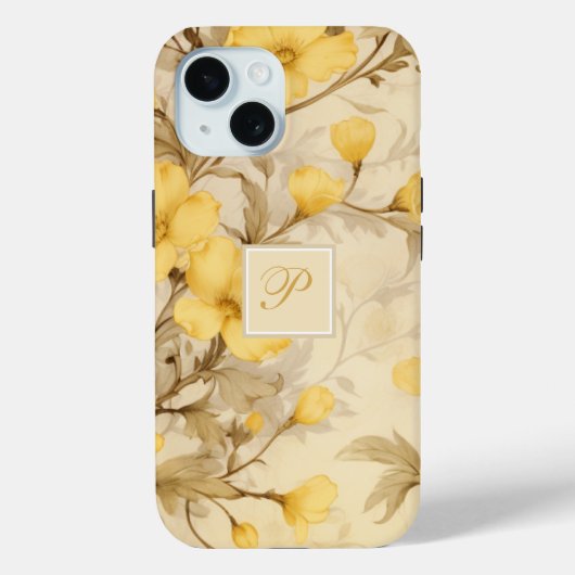 Elegant pastelgeel bloemige primrose monogram Case-Mate iPhone case (Achterkant)