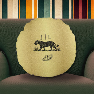 Elegant patroon Goud Zwart Monogram Rond Kussen