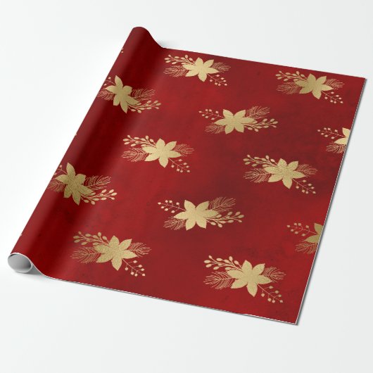 Elegant patroon met rode en gouden kerstbloem cadeaupapier (Uitgerold)