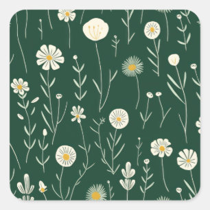 Elegant patroon van wilde bloemen op donkergroen vierkante sticker