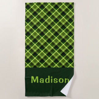 Elégant Pea vert Plaid Monogram Beach Serviette
