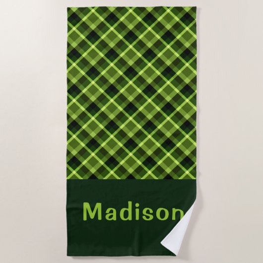 Elégant Pea vert Plaid Monogram Beach Serviette (Devant)