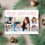 Elégant Peace Love Joy Holiday 5 Cartes photos<br><div class="desc">Cette carte de vacances multi-photo présente un arrière - plan blanc classique avec un élégant script de bienvenue qui dit "Paix, Amour et Joie". Cette conception peut accueillir cinq photos. **Toutes les couleurs de ce design sont personnalisables. Vous pouvez customiser encore plus ce design en enlevant le motif de l'arrière...</div>