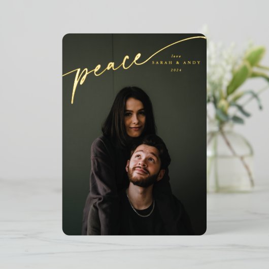 Elegant 'Peace'-typografisch script Folie Feestdagenkaart (Staand Voorkant)