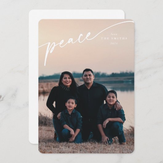 Elegant 'Peace' White Typographic Script Feestdagenkaart (Voorkant / Achterkant)