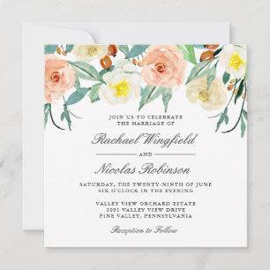 Elegant Peach and White Waterverf Floral Wedding Kaart