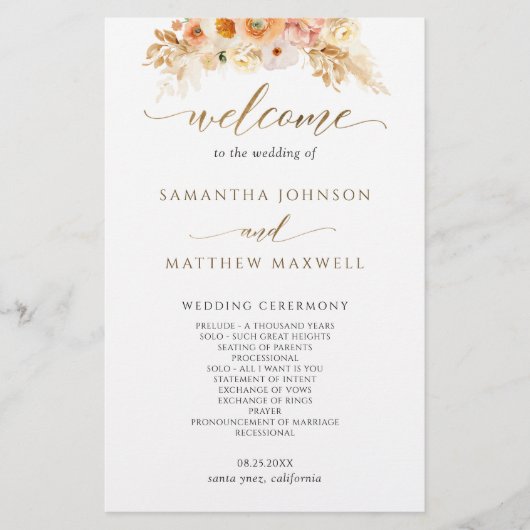 Elegant Peach Blush Delight Floral Wedding Program (Voorkant)