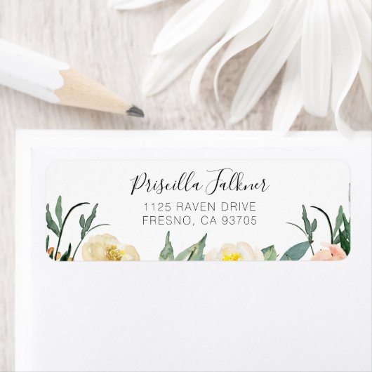 Elegant Peach en Cream Waterverf Flowers Etiket (Insitu)