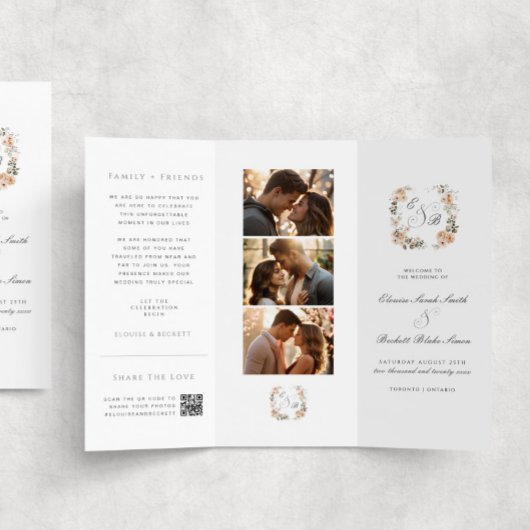 Élégant Peach Floral Trifold Wedding Programme