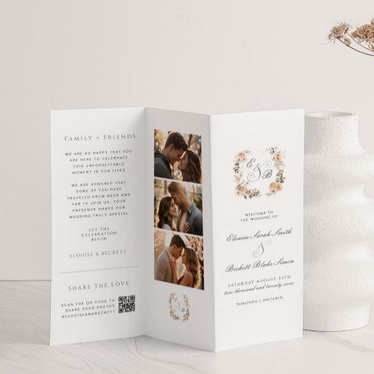 Élégant Peach Floral Trifold Wedding Programme