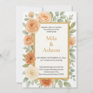 Elegant Peach Floral Wedding Invitation – Editable Kaart