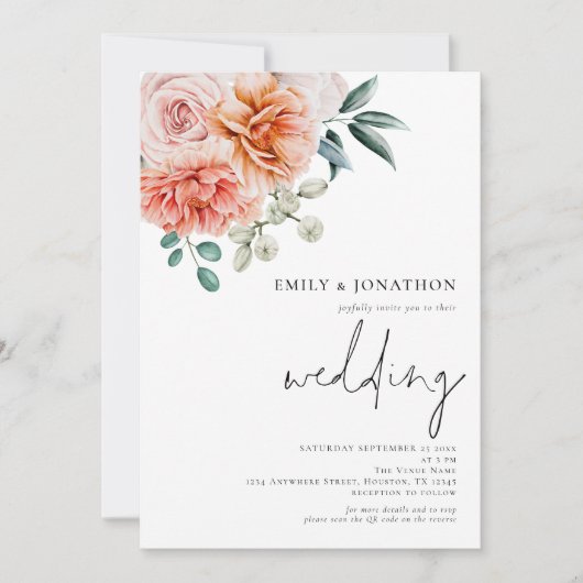 Elegant Peach Florals QR Code Weddenschap Kaart (Voorkant)